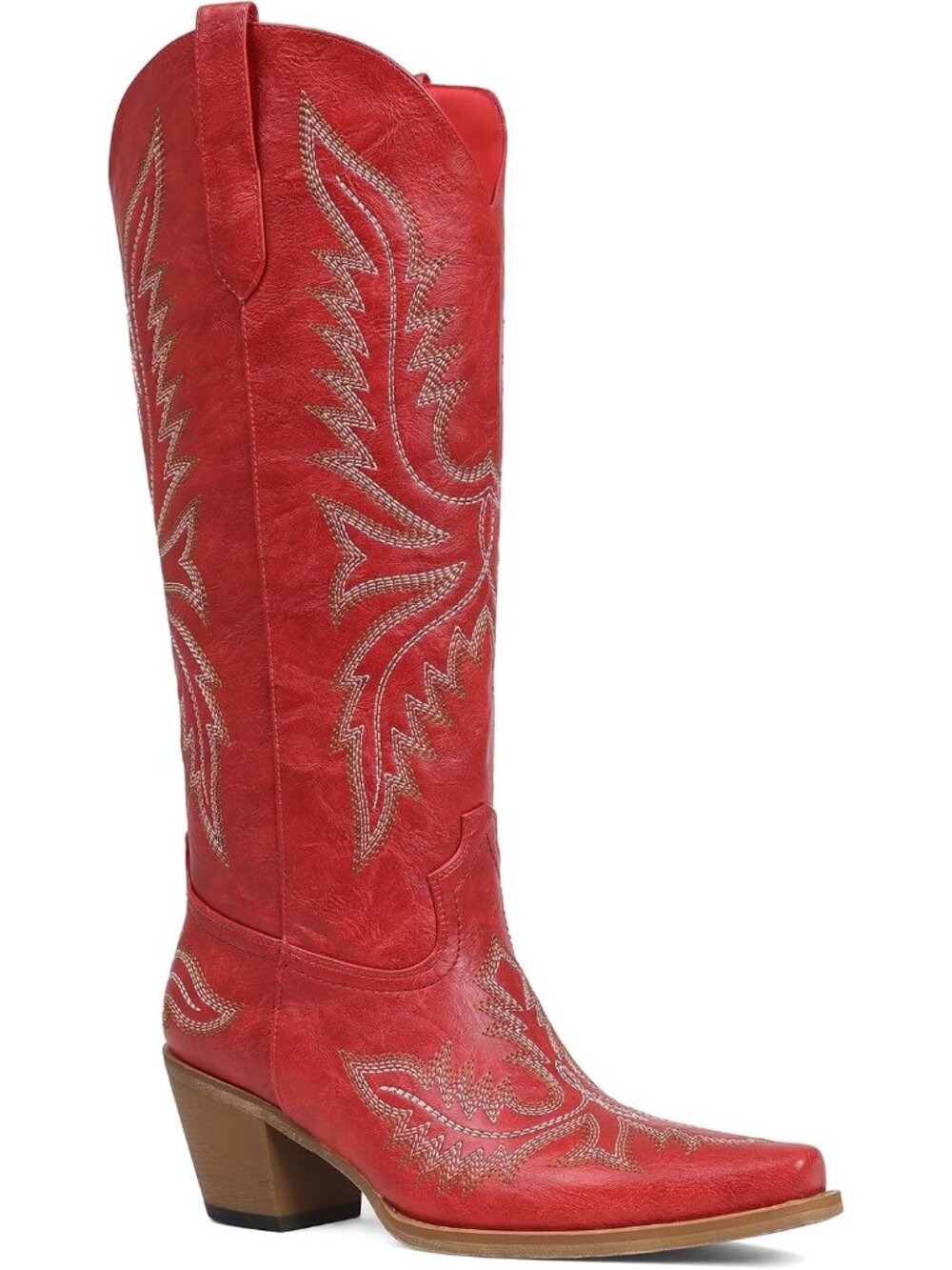Women's Red A Western Cowgirl Boots Knee High Snip Toe Embroidered Boots Pull On